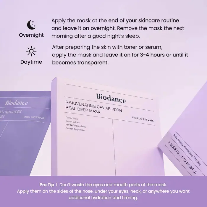 Biodance Rejuvenating Caviar PDRN Real Deep Mask – 4 Pack for Natural Skin Renewal & Firming